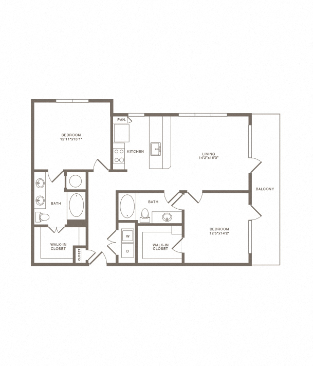 Floor plan for 2 beds, 2 baths, 1203 sqft